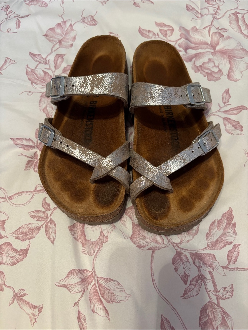 Birkenstock Metallic Silver Two-Strap Toe-Cross Sandals